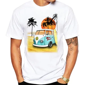 Drive Peace Bus Red Is Coming Towards Us Beach Scene Men T Shirt Vintage Beach Bus Surf Sport Cloth Surfing Board men Tees