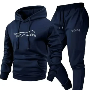 Men's Hooded Sweatshirt Sweatpants Set Casual Long Sleeve Leopard Print Pocket Comfortable Streetwear Style Tracksuit Warm Cloth