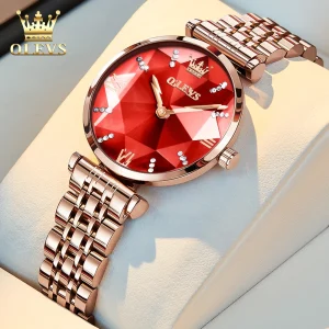 OELVS 6642 Luxury Quartz Watches for Women Rose Gold Steel Strap Waterproof Ladies Wristwatch Rhomous Glass Original Woman Watch