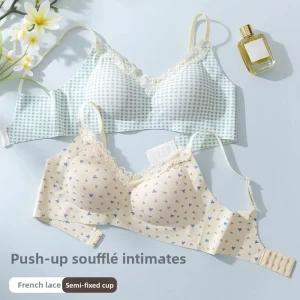 Traceless Lace Wireless V Bra Grid Pattern Shockproof Brassiere for Women Flower Bow Anti-sagging Push Up Underwear Running