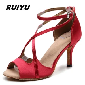 Ladine Shoes Ladies Ballroom Sneakers Salsa Tango Shoes Girls High Heels Summer Sandals Black Red Satin Dance Shoes