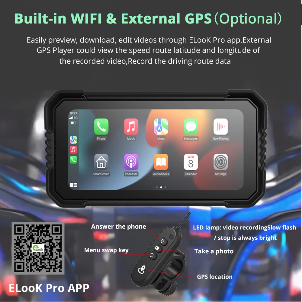 Portable 6.25" Motorcycle GPS Navigation Wireless Carplay Android Auto Dual BT DVR Drive Recorder Moto Monitor IPX7 Waterproof - Image 6