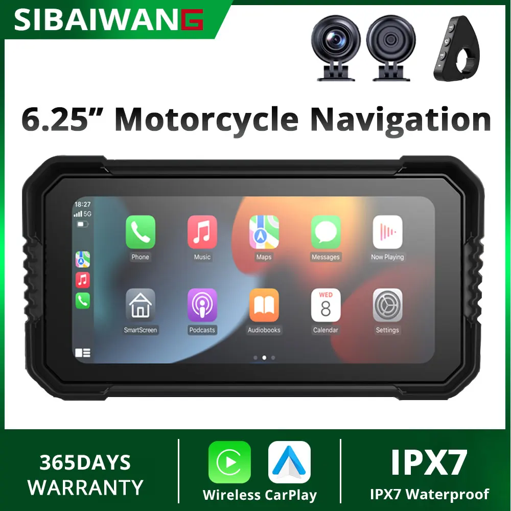 Portable 6.25" Motorcycle GPS Navigation Wireless Carplay Android Auto Dual BT DVR Drive Recorder Moto Monitor IPX7 Waterproof