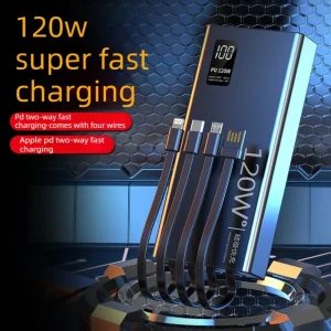 High Capacity Power Bank 4 in 1 Cables Super Fast Charging Power Bank Portable Charger For iPhone Samsung 120W 30000mAh