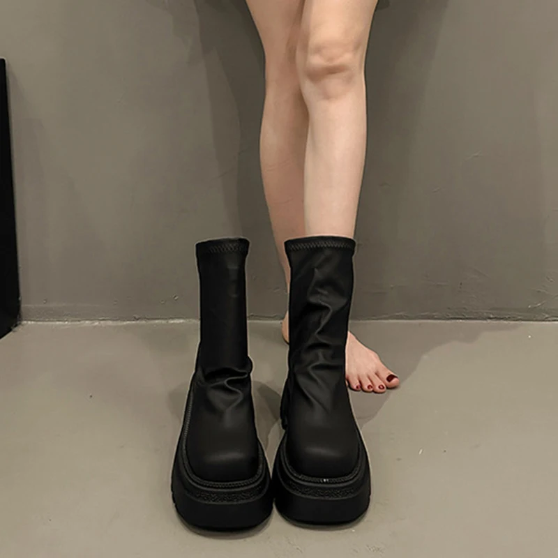 Thick Sole Stacked Boots for Women New Fashion Brown Black Short Boots Wrinkled Leather Platform Casual Botines Chelsea Shoes - Image 5