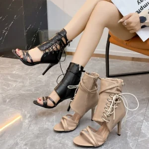 Roman Buckle Strap Shoes Women Sandals Sexy Gladiator Lace Up Peep Toe Sandals High Heels 9.5CM Woman Ankle Boots Black Aprict