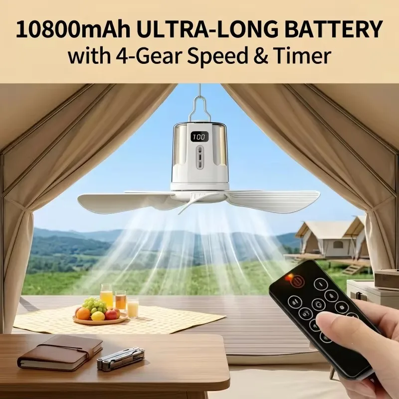10800mAh Ceiling Fans Portable Camping Fan Tent Air Circulator Cooler Outdoor Rechargeable Electric Fan LED Light Remote Control