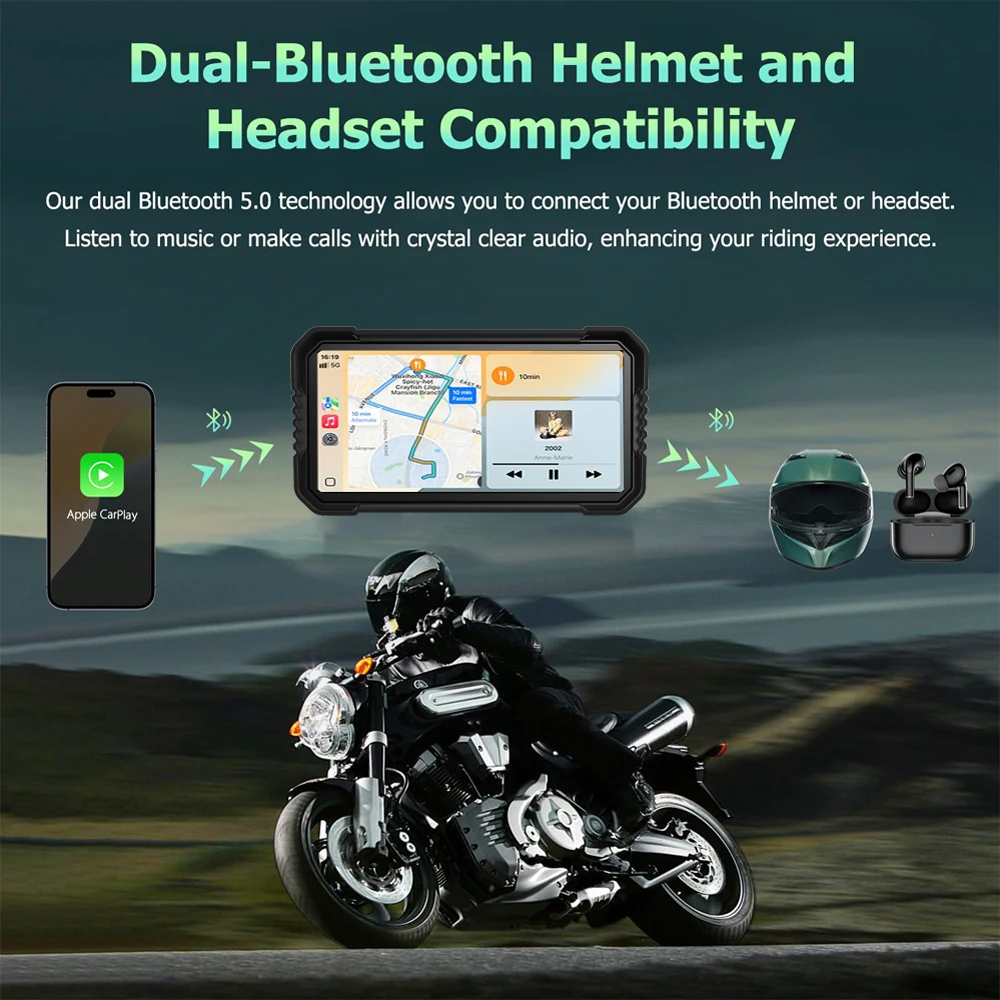 Portable 6.25" Motorcycle GPS Navigation Wireless Carplay Android Auto Dual BT DVR Drive Recorder Moto Monitor IPX7 Waterproof - Image 3