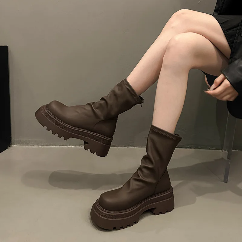 Thick Sole Stacked Boots for Women New Fashion Brown Black Short Boots Wrinkled Leather Platform Casual Botines Chelsea Shoes - Image 3