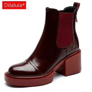 Dilalula 2025 Winter Genuine Leather Chelsea Boots Women Shoes Retro Round Toe Women Platform Thick Heels Short Booties Autumn