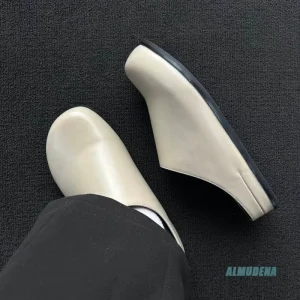 Round Toe Polished Leather Mule Slippers Men Slip On Flat Sole Spring Autumn Chic Office Street Style Daily Walking Casual Shoes