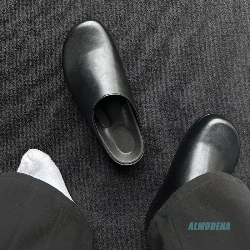 Round Toe Polished Leather Mule Slippers Men Slip On Flat Sole Spring Autumn Chic Office Street Style Daily Walking Casual Shoes - Image 5