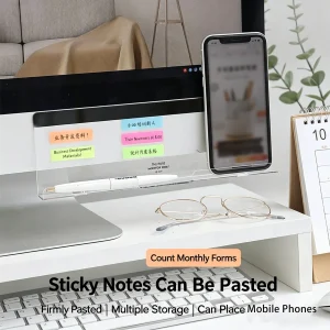 Acrylic Monitor Memo Board, Transparent Self-Adhesive Computer Note Holder with Pen Slot & Phone Stand for Desk Organization