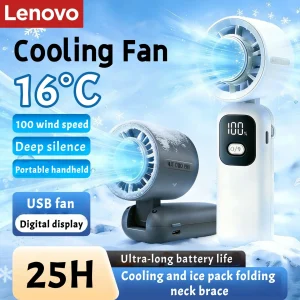 Lenovo Portable Fan Handheld Cooling Fan 100 Levels Foldable Rechargeable Strong Wind Air Cooler Digital Display Long Battery
