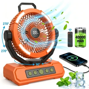 Gobortone 40000mAh Portable USB Ventilador Rechargeable Outdoor Camping Fan Power Bank with Light & Remote Four Wind Speed