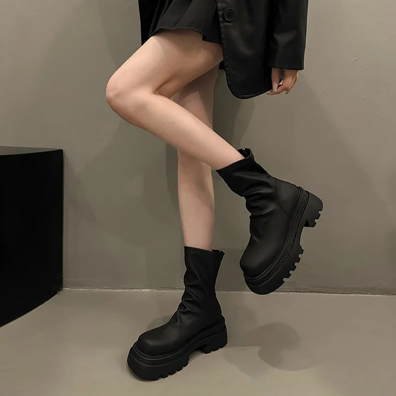 Thick Sole Stacked Boots for Women New Fashion Brown Black Short Boots Wrinkled Leather Platform Casual Botines Chelsea Shoes - Image 4