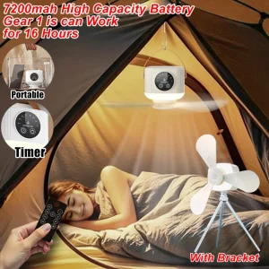 7200mAh Portable Camping Fan Rechargeable Ceiling Fan Light Quiet Wireless Fan with Remote Timing for Camping Tent Dorm Room